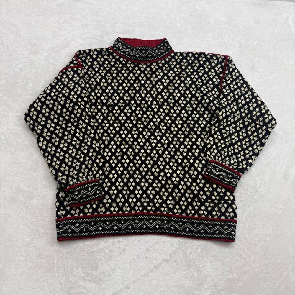 Nordic Fair Isle Unisex Sweater Black Cream Size XL Wool Blend Mock Neck Vintage